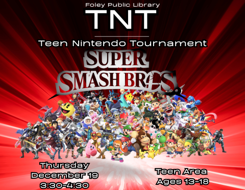 Text and Super Smash Bros. graphic on a red and black background.