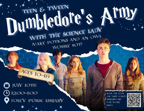 Text and Harry Potter graphic on a blue background.