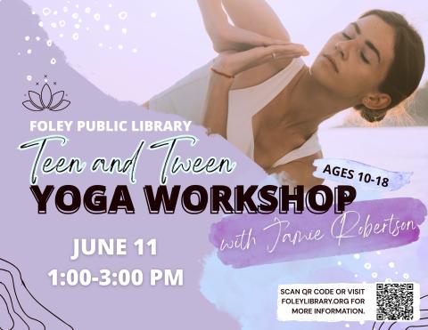 Text and yoga graphic on a lavender background.