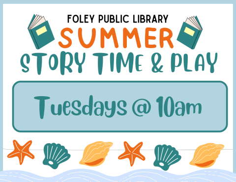Summer Storytime and Play Tuesdays at 10am, with blue and orange seashells.