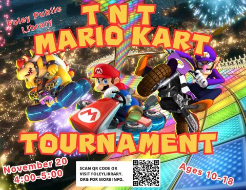 Text and Mario Kart graphics on a racetrack background.