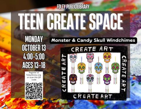 Text and skull windchime graphic on a multi-colored background.