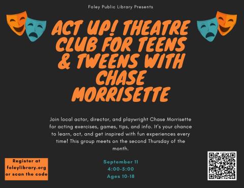 Text and theatre masks on a black background.