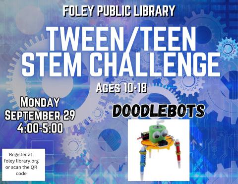 Text and Doodlebot graphic on a blue gear background.