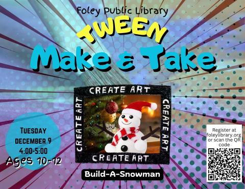 Text and snowman graphic on a multi-colored background.