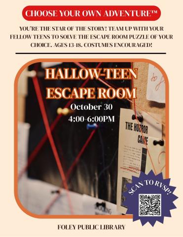 Text and escape room graphic on a cream background.
