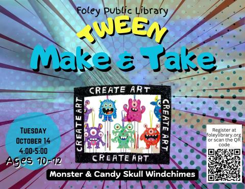 Text and monster windchime graphic on a multi-colored background.