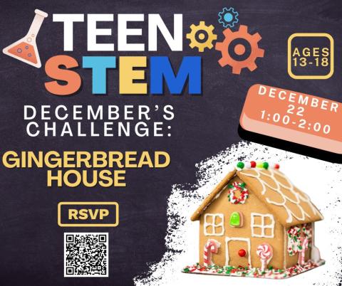 Text and gingerbread house on a chalkboard background.