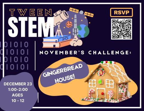 Text and gingerbread house on a navy blue background.