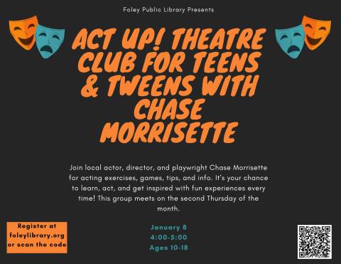 Text and theatre masks on a black background.