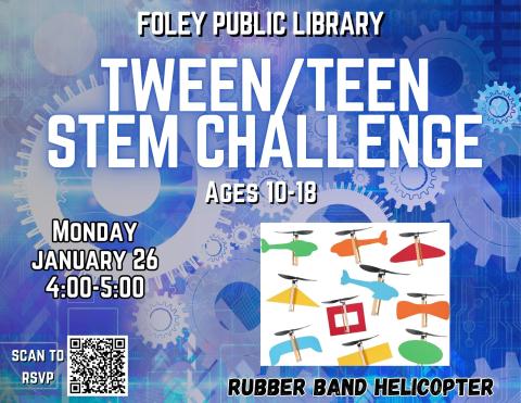 Text and rubber band helicopter graphic on a gear background.