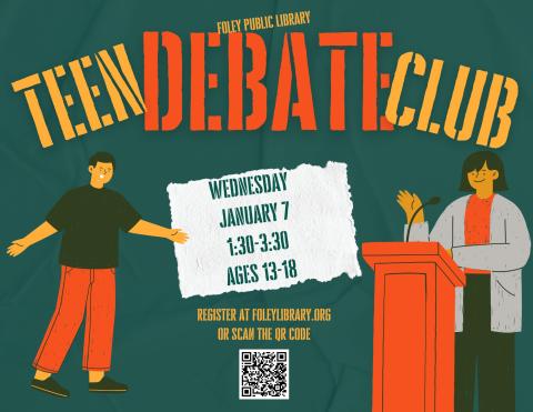 Text and debate graphics on a blue background.