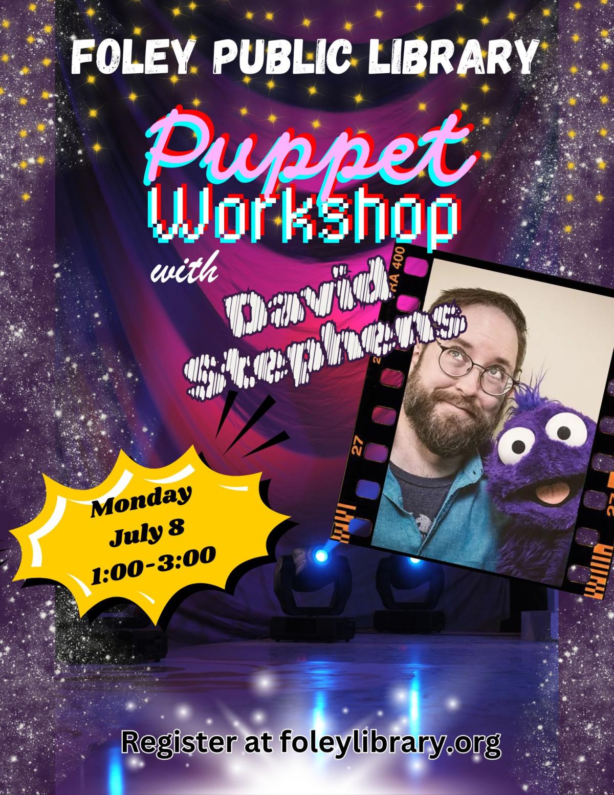 Picture of David and puppet and text on purple background