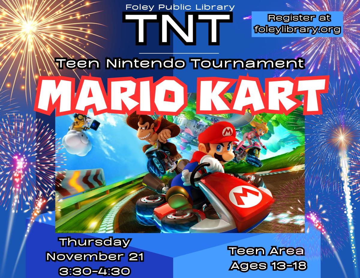 Mario Kart graphic on a firework background