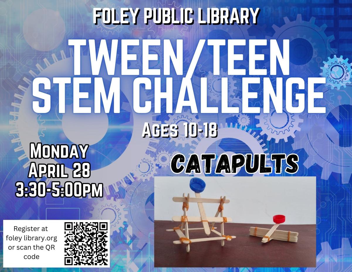 Text and catapult picture on a blue gear background.