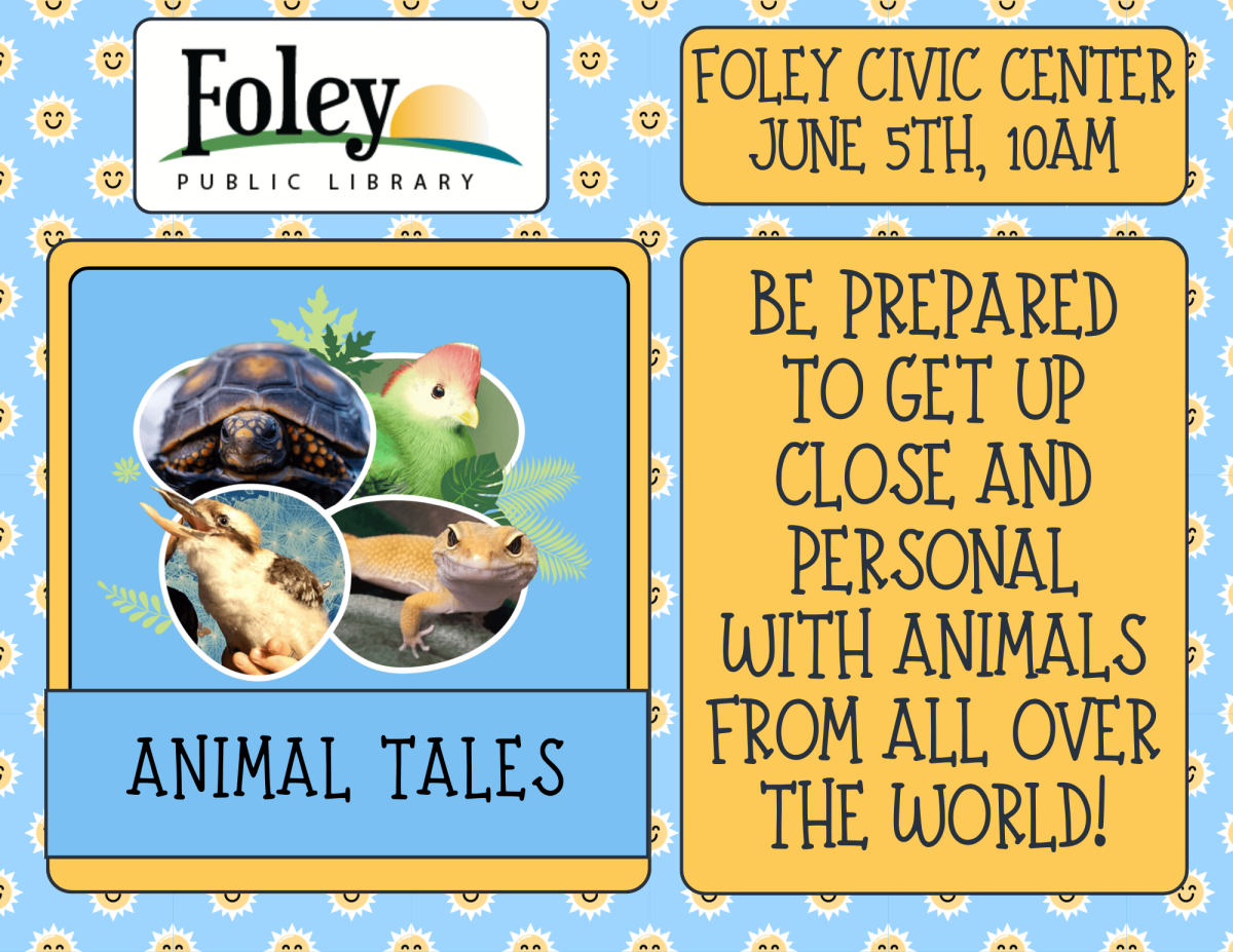 Animal Tales event at Foley Civic Center with blue background.