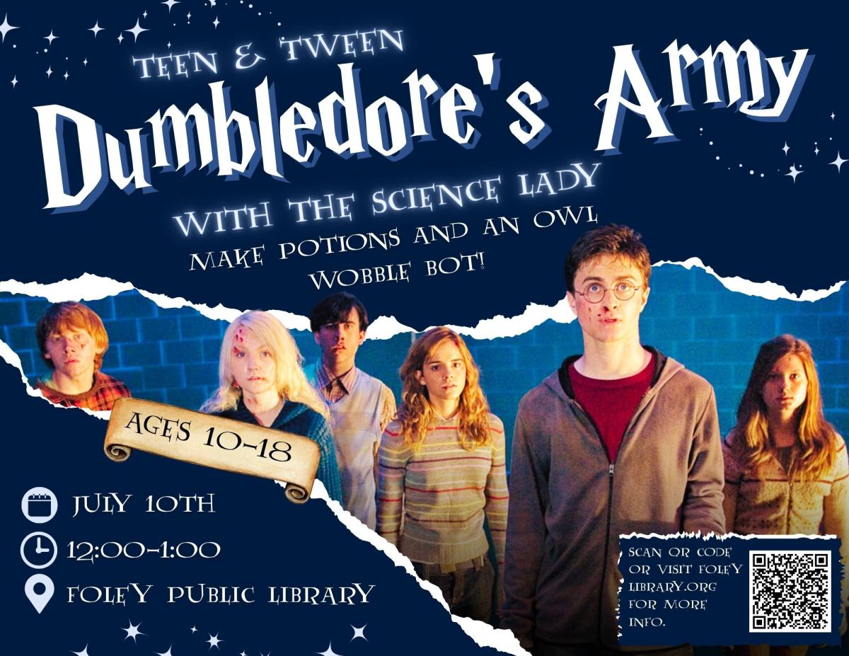 Text and Harry Potter graphic on a blue background.