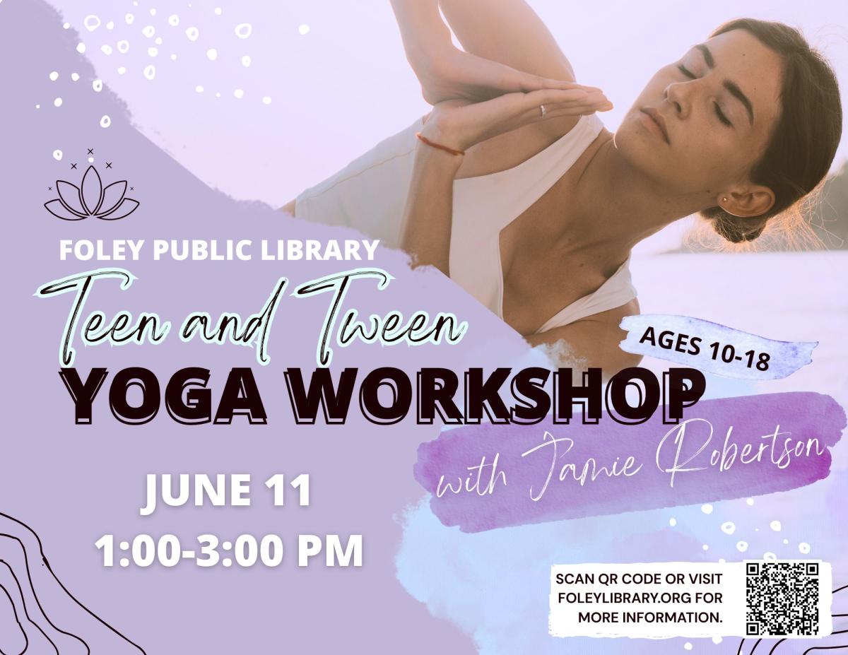 Text and yoga graphic on a lavender background.