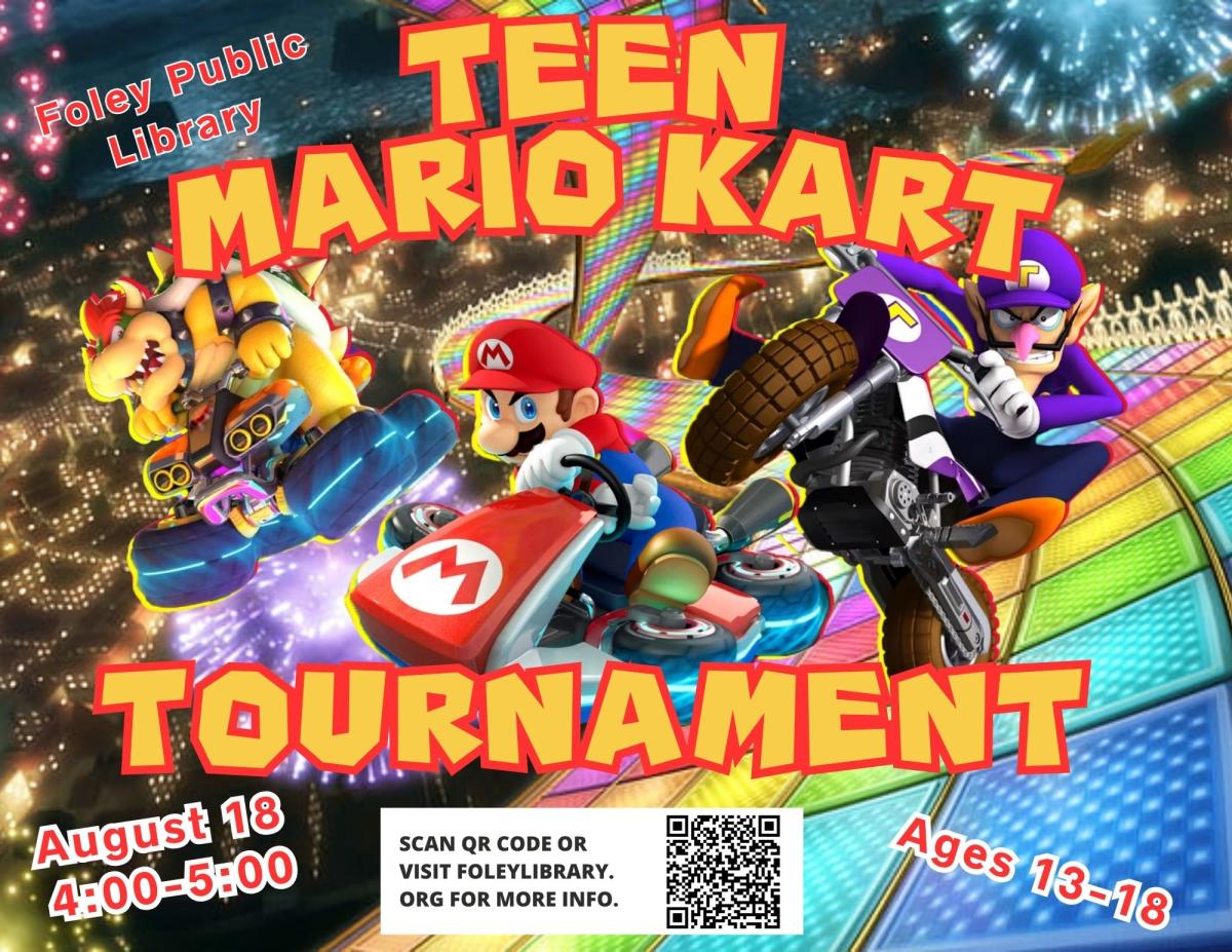 Text and Mario Kart graphics on a racetrack background.