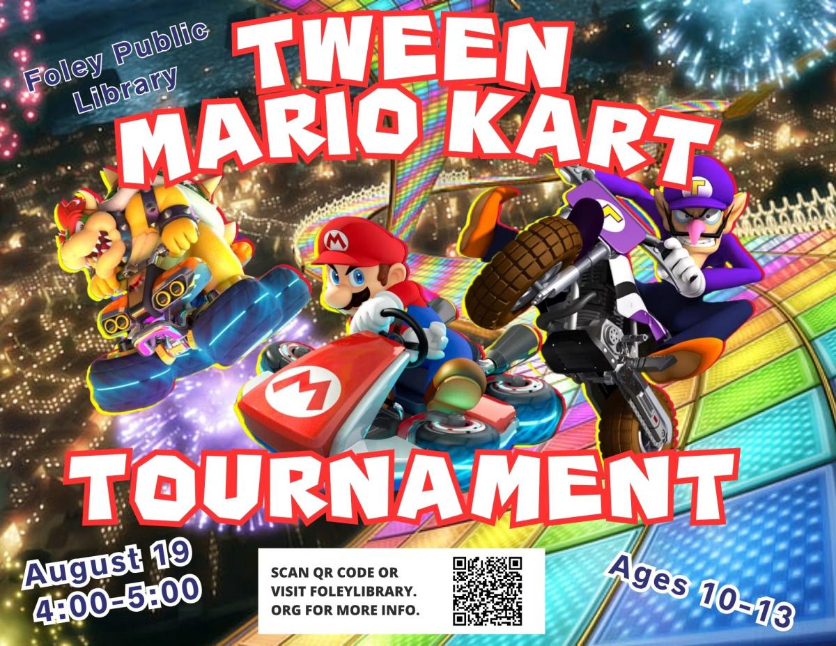 Text and Mario Kart graphics on a racetrack background.