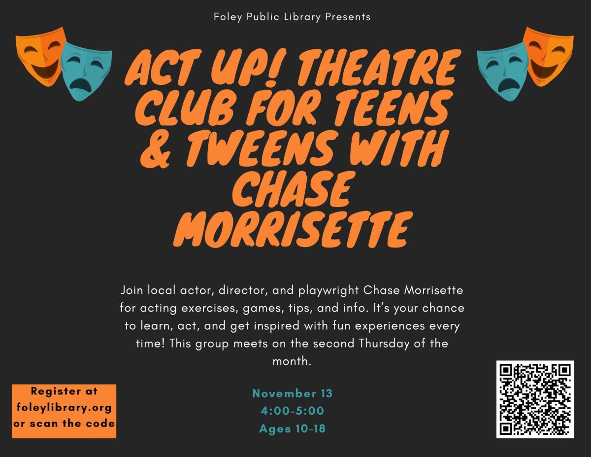 Text and theatre masks on a black background.