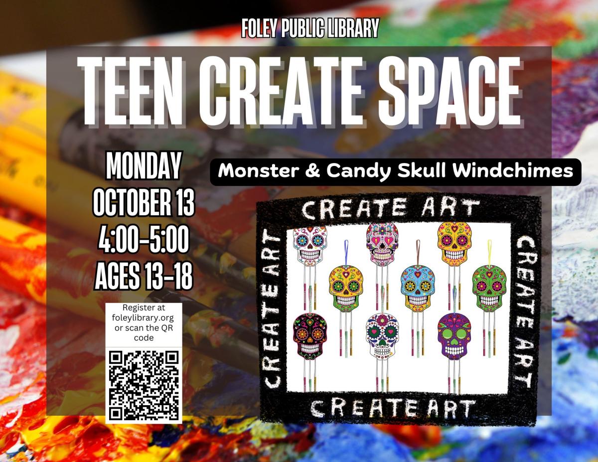 Text and skull windchime graphic on a multi-colored background.