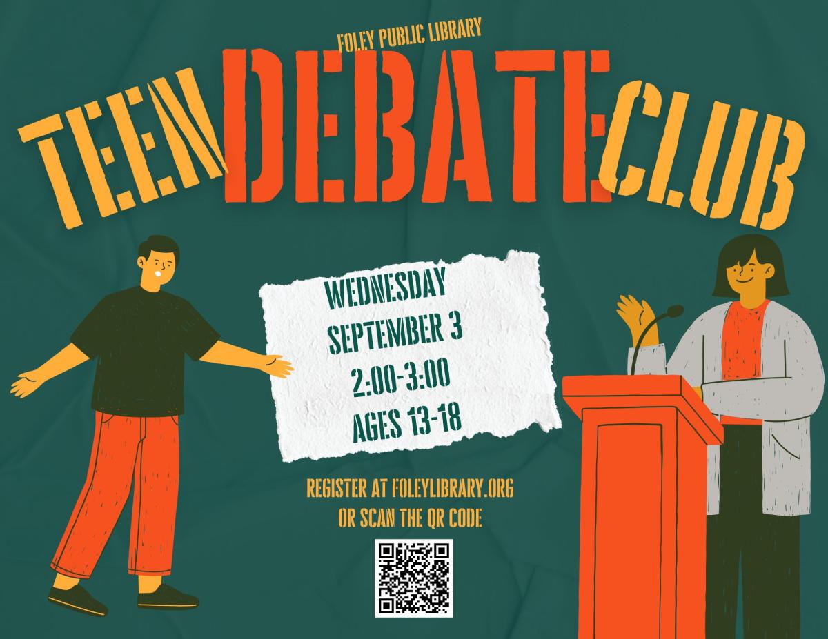 Text and debate graphics on a blue background.