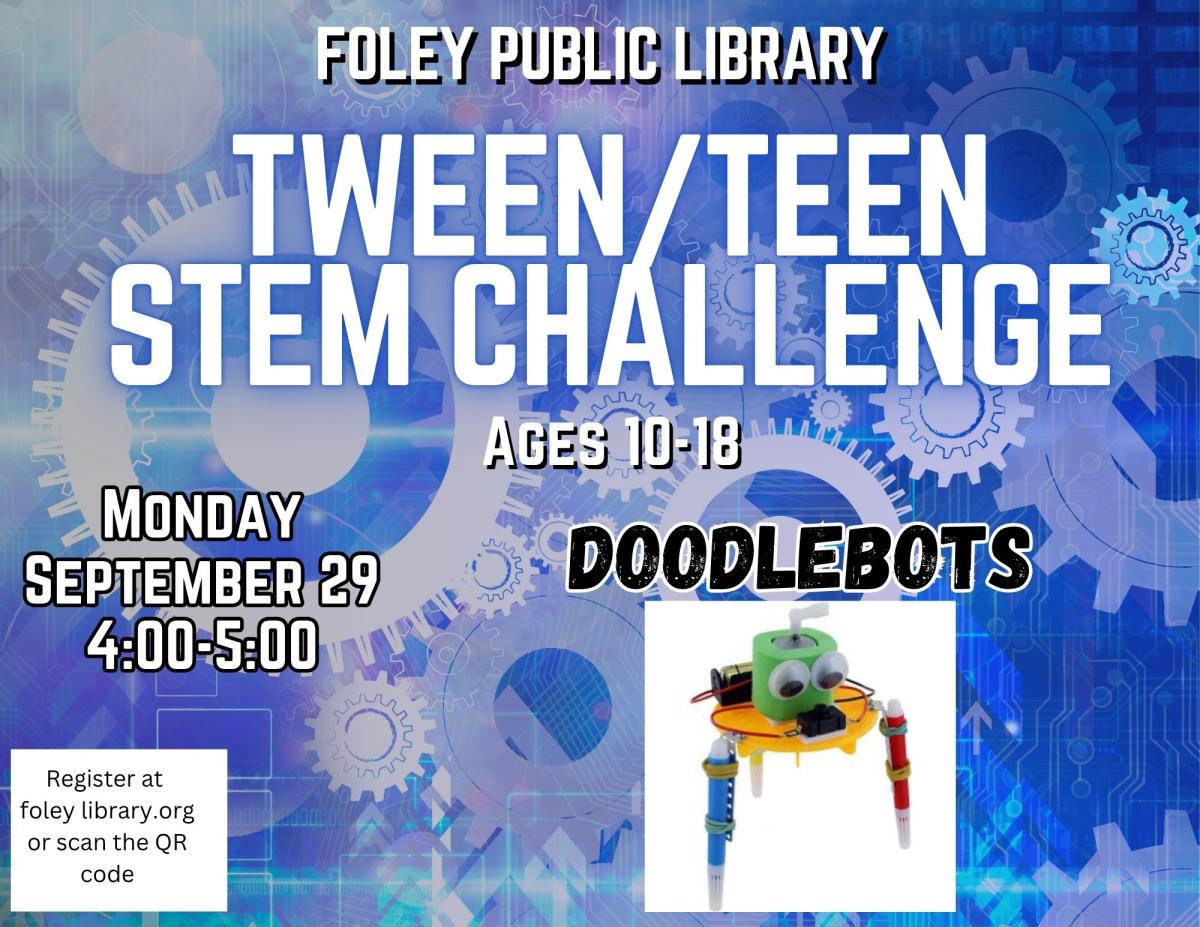 Text and Doodlebot graphic on a blue gear background.