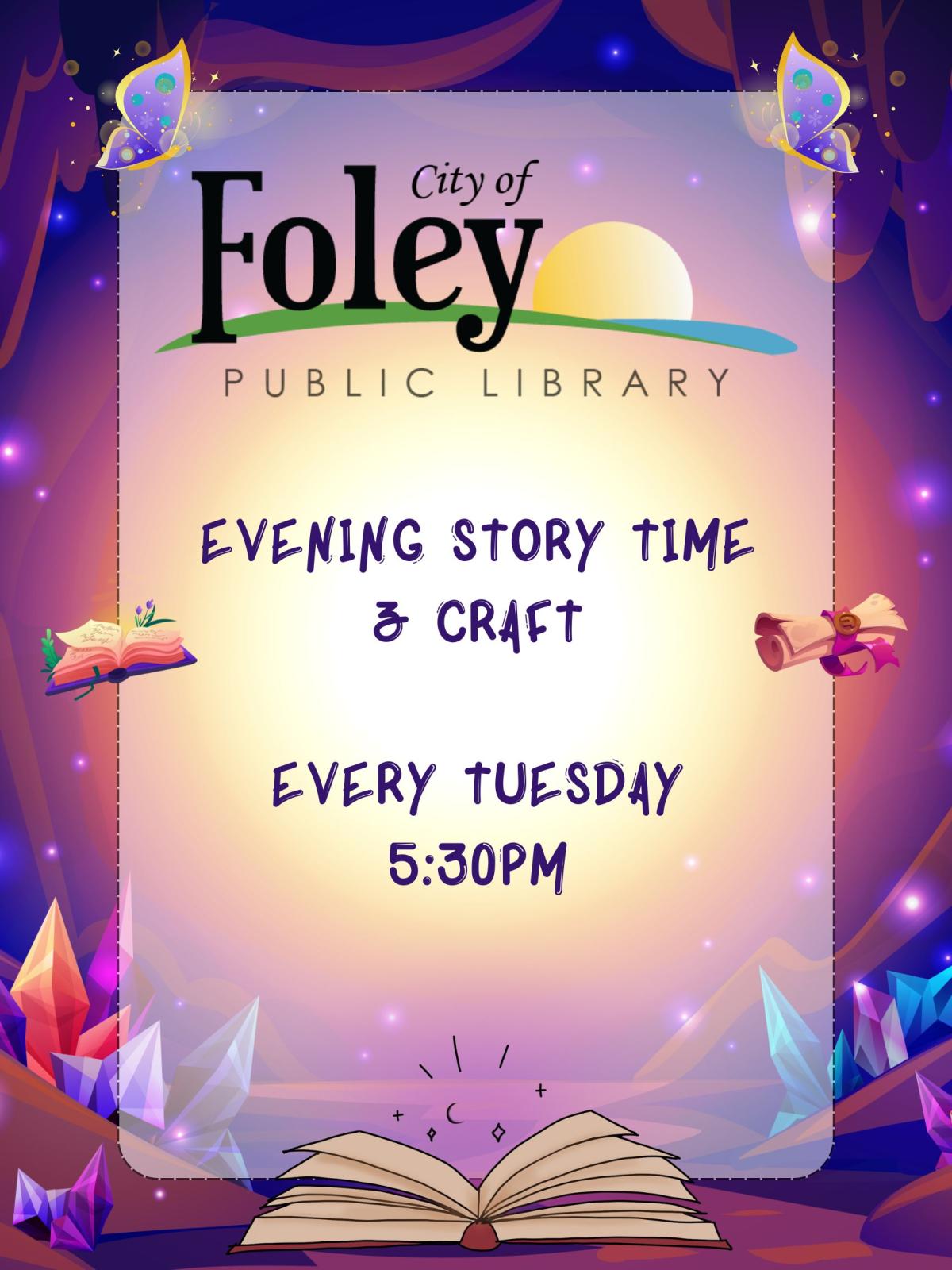 purple background. Story time and Craft. Evenings