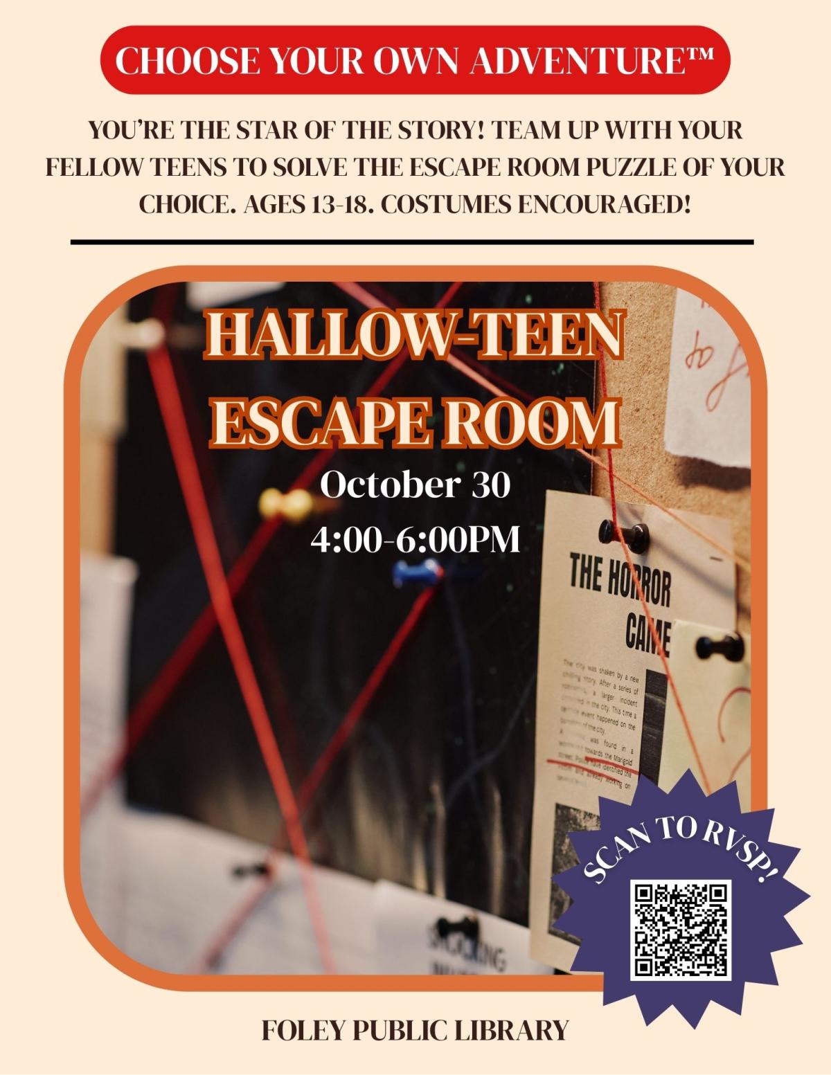 Text and escape room graphic on a cream background.