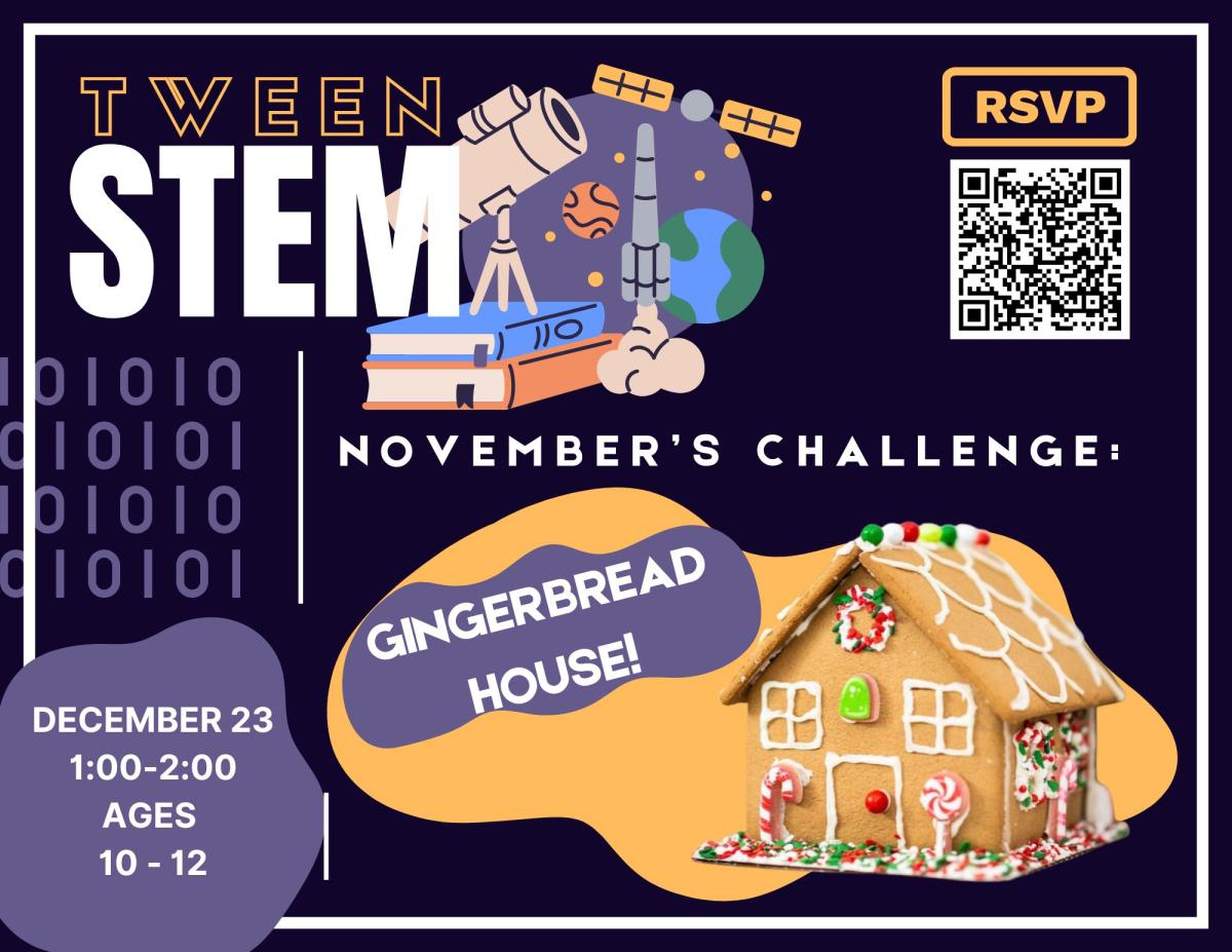 Text and gingerbread house on a navy blue background.