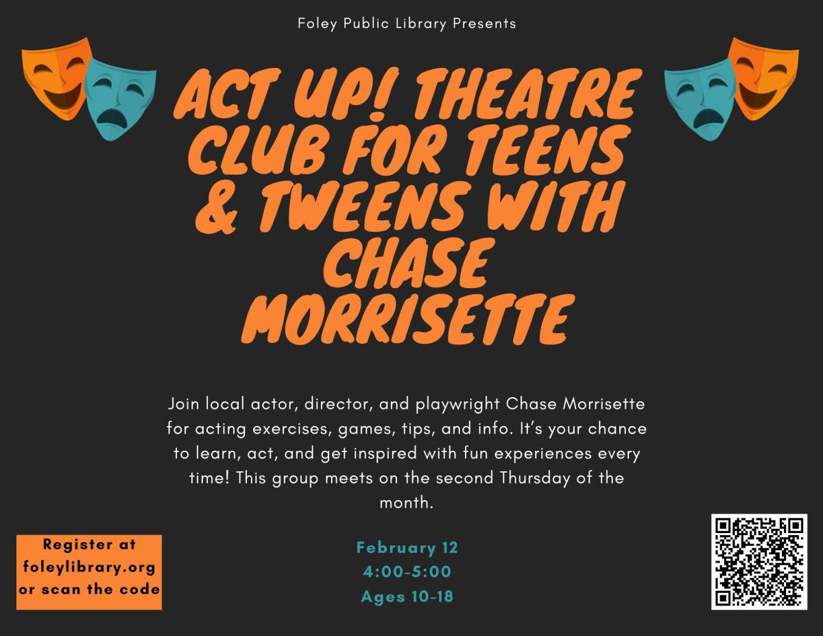 Text and theatre masks on a black background.